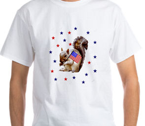 America's favorite rodent, the squirrel, waving a flag and surrounded by red, white and blue stars.