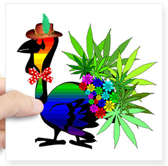 Rainbow turkey strutting with marijuana leaves as his tailfeathers.